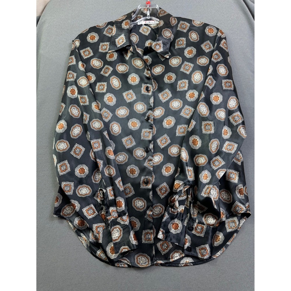 Talbots Women's Black Geometric Medallion Print Satin Button Down Shirt Size 4